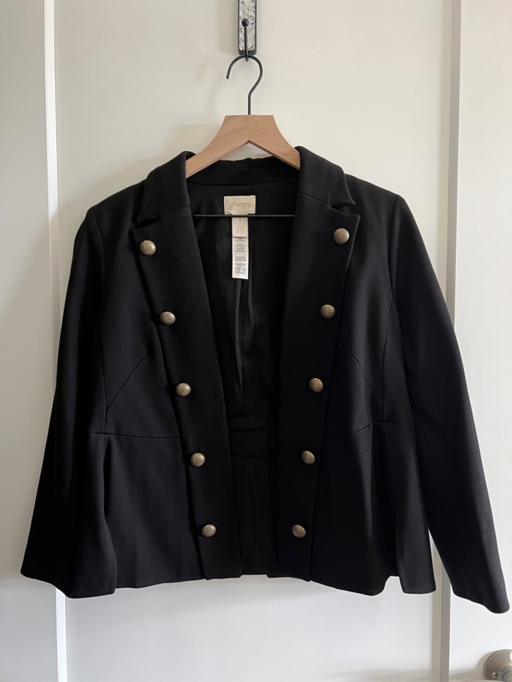 Chico's Black Military-Style Double-Breasted Blazer with Gold Buttons